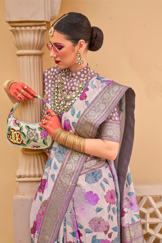 Modern Foil Printed Silk Saree with Aqua Inspired Finish