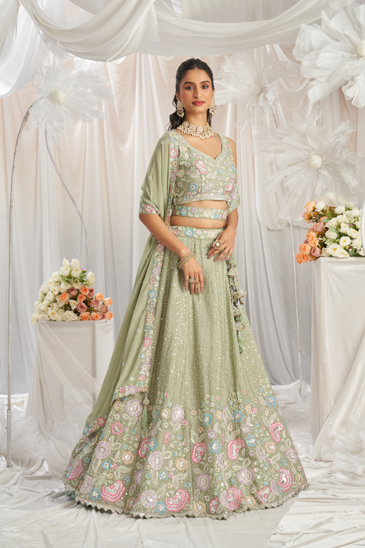Pure Chiffon Sequins And Thread Embroidery Lehenga Choli Dupatta
