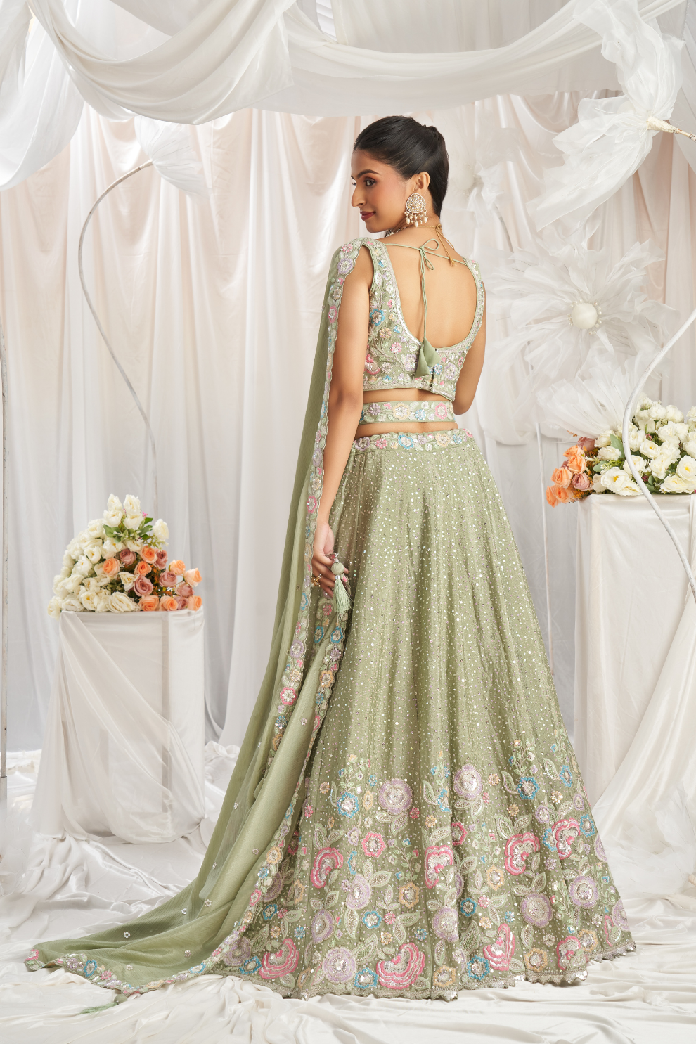 Pure Chiffon Sequins And Thread Embroidery Lehenga Choli Dupatta
