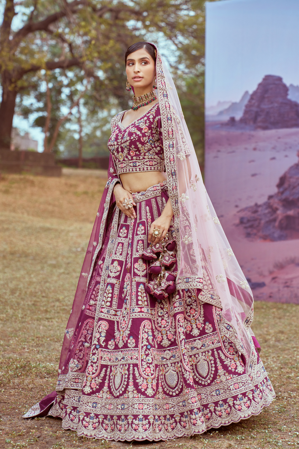 Pure Silk Moti And Cording Embroidery Bridal Lehenga Choli Dupatta