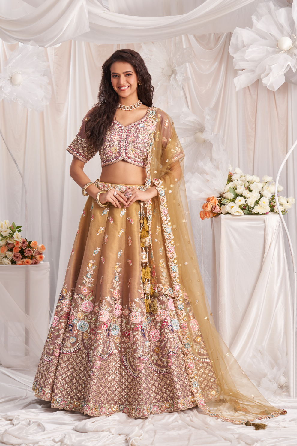 Exquisite Bridal Net Lehenga Set With Gotapatti And Moti Embroidery