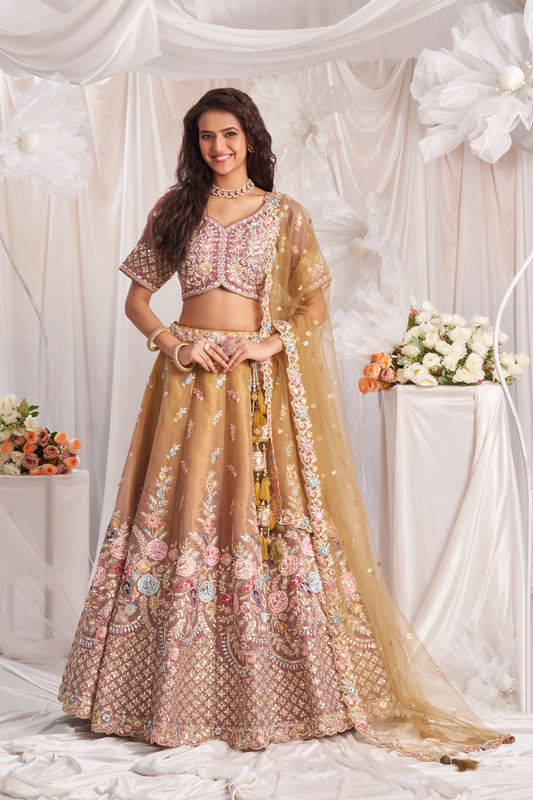 Exquisite Bridal Net Lehenga Set With Gotapatti And Moti Embroidery