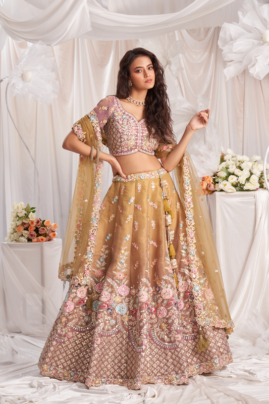 Exquisite Bridal Net Lehenga Set With Gotapatti And Moti Embroidery