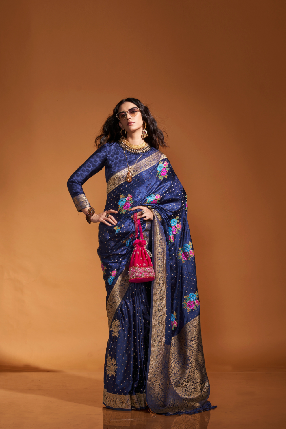 Elegant Floral Satin Silk Saree with Handloom Weaving Finish