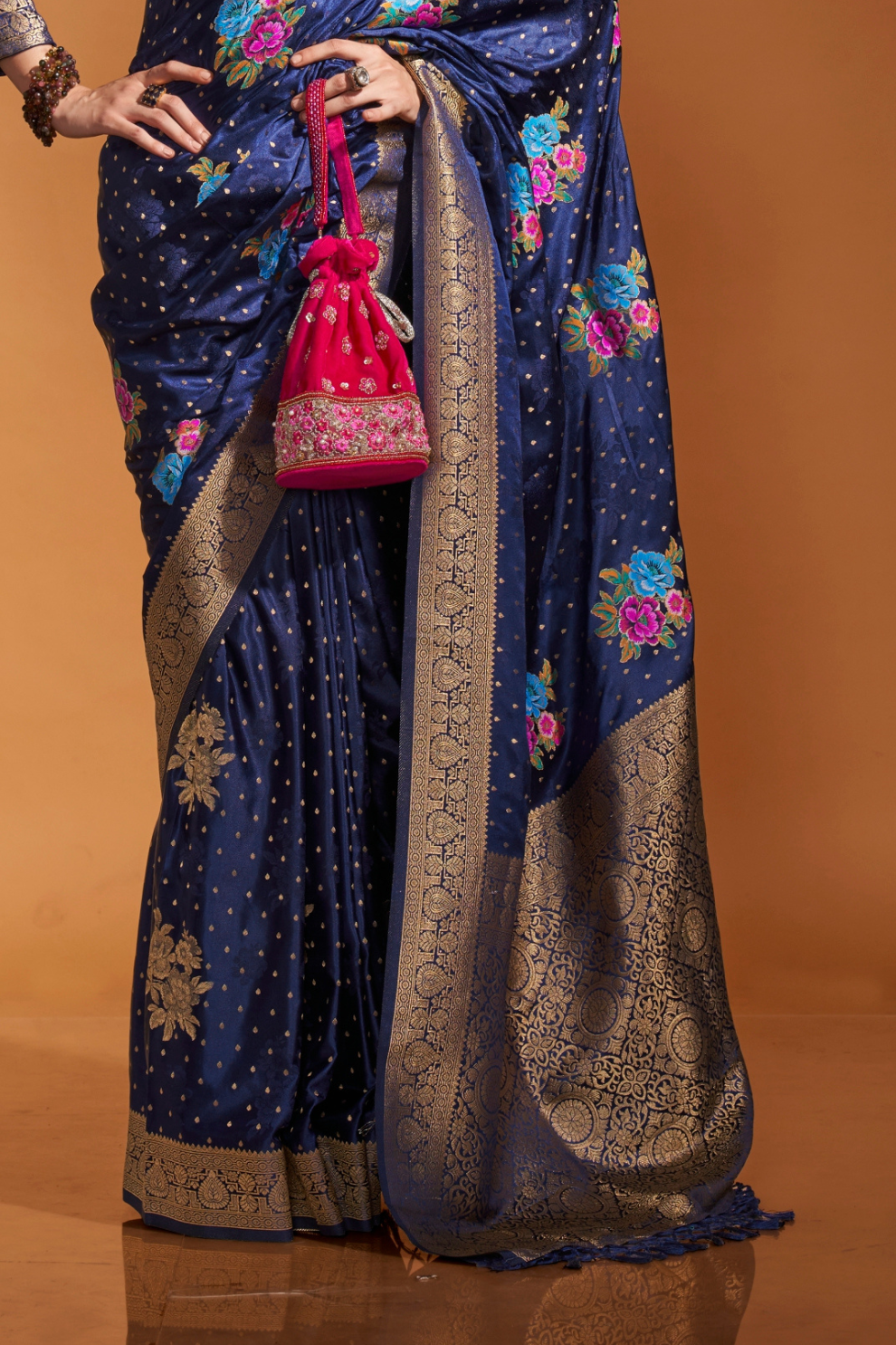 Elegant Floral Satin Silk Saree with Handloom Weaving Finish