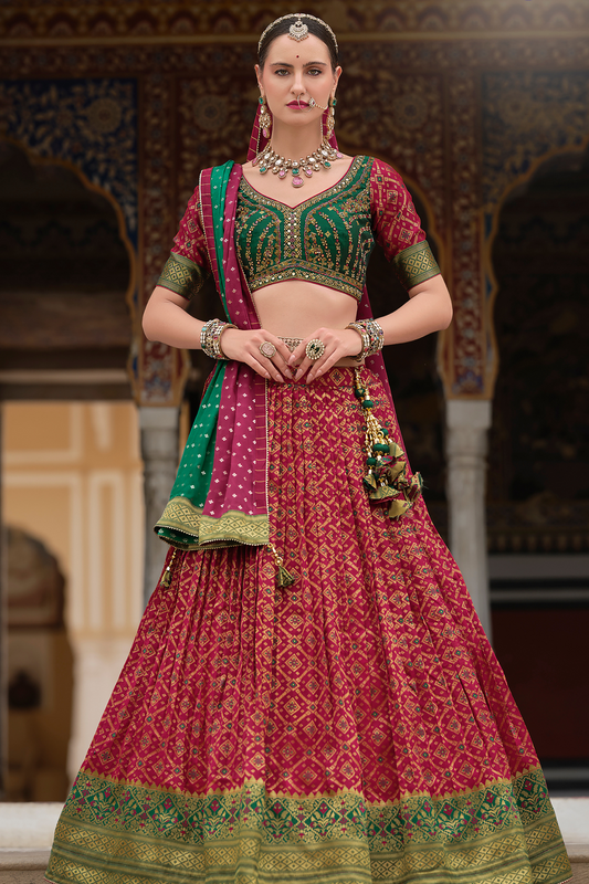 Crimson and Green Silk Lehenga Choli with Cutdana Work - LaVante Fashion