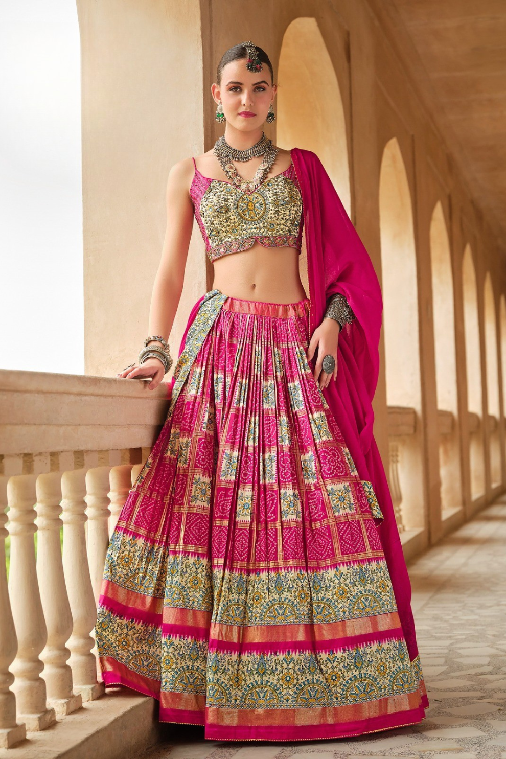 Vibrant Pink Silk Lehenga Choli with All-Over Print - LaVante Fashion