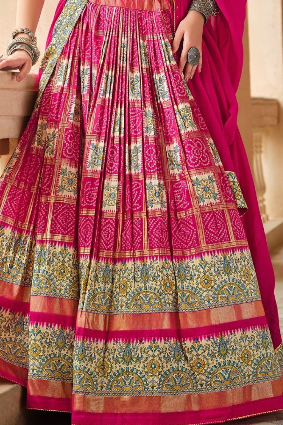 Vibrant Pink Silk Lehenga Choli with All-Over Print - LaVante Fashion