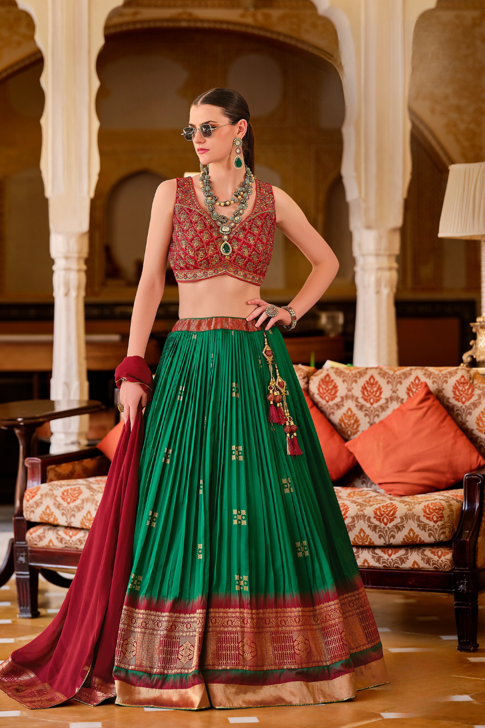 Green Silk Foil Print Readymade Lehenga Choli for Ceremonial Wear - LaVante Fashion