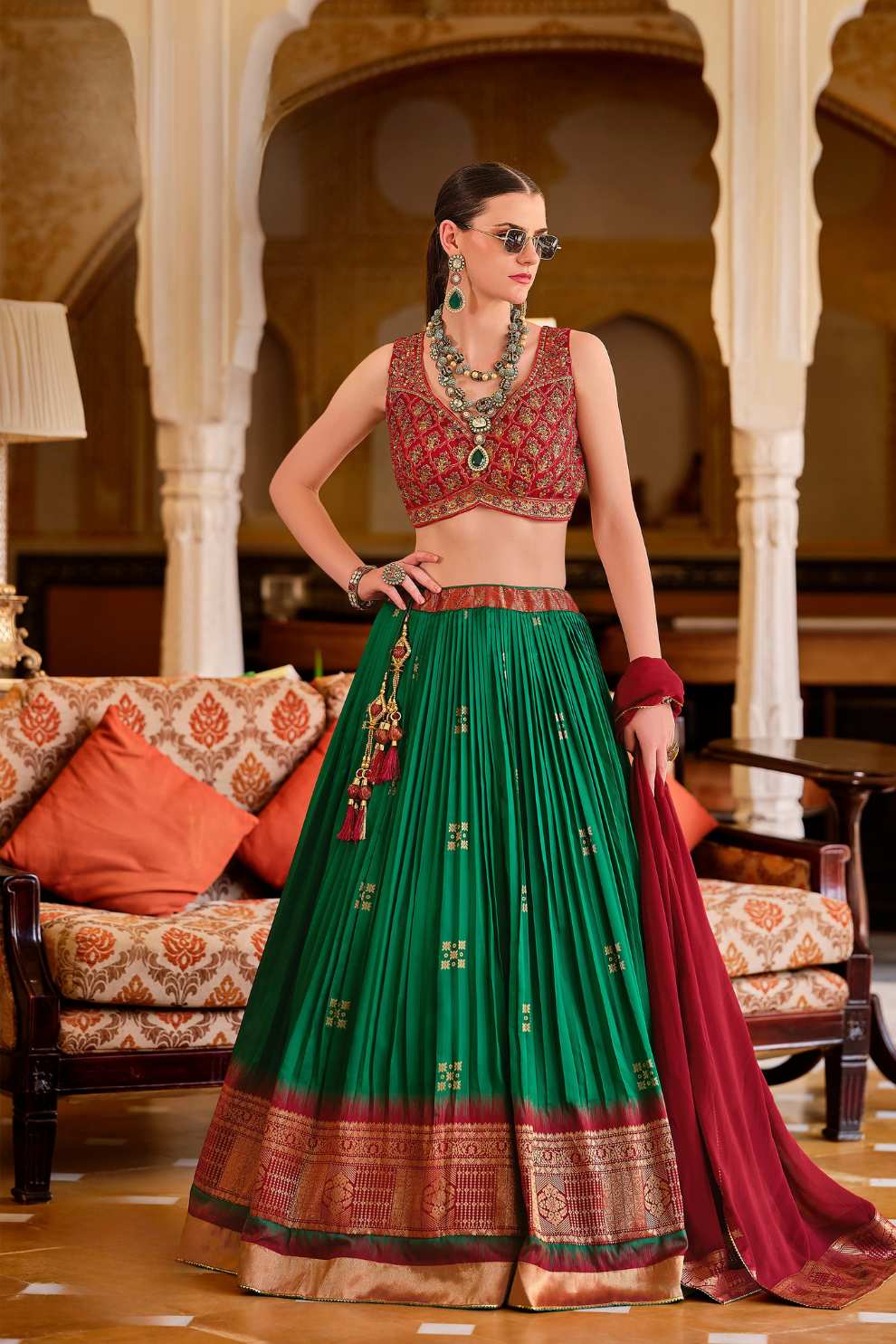 Green Silk Foil Print Readymade Lehenga Choli for Ceremonial Wear - LaVante Fashion