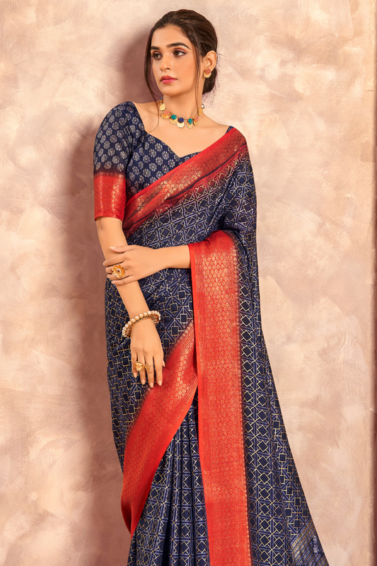 Soft Dola Saree with Foil Print and Contrast Jacquard Border - LaVante Fashion