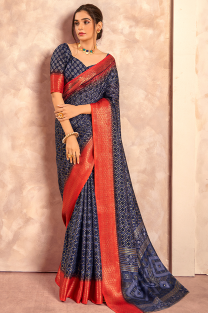 Soft Dola Saree with Foil Print and Contrast Jacquard Border - LaVante Fashion