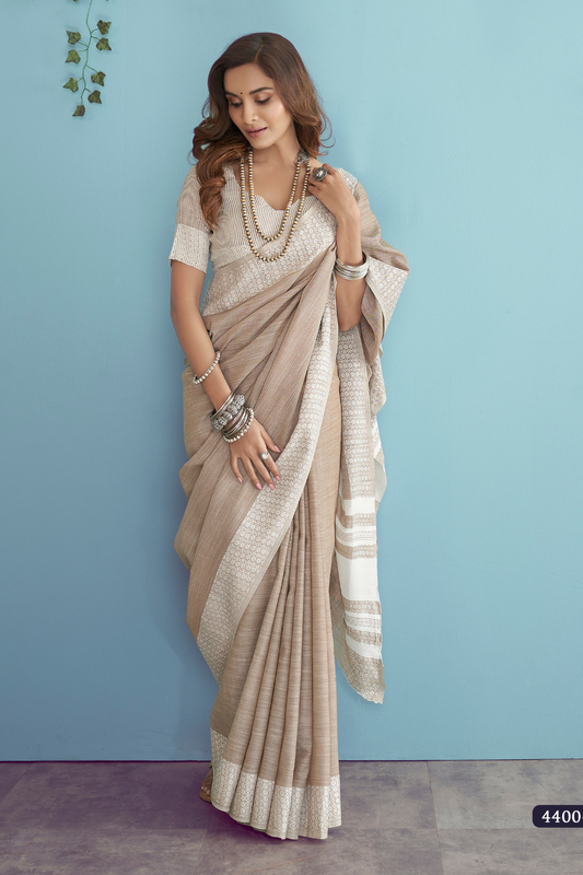Soft Linen Silk Saree with Chikankari Weaved Border - LaVante Fashion