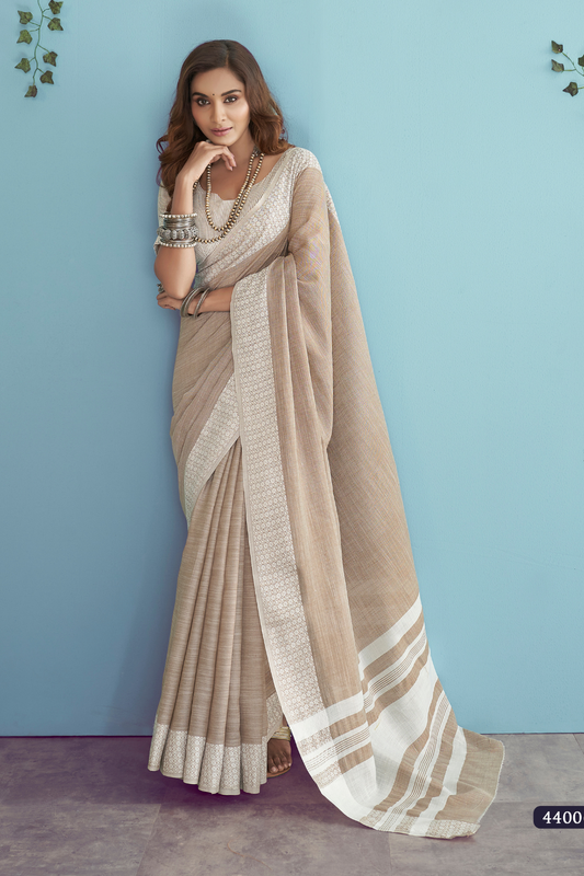 Soft Linen Silk Saree with Chikankari Weaved Border - LaVante Fashion