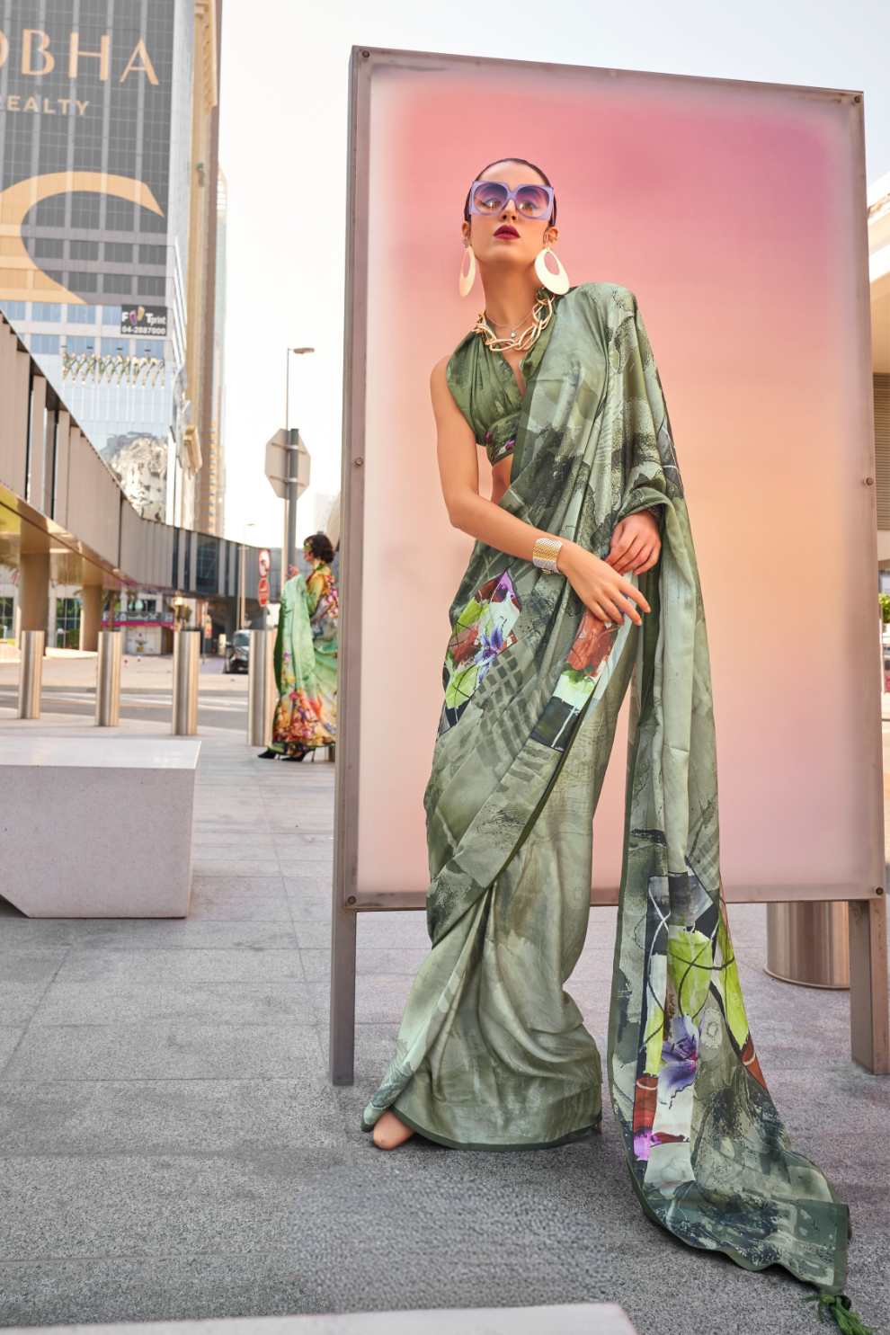Stylish Swiss Satin Saree with Premium Digital Artwork Prints