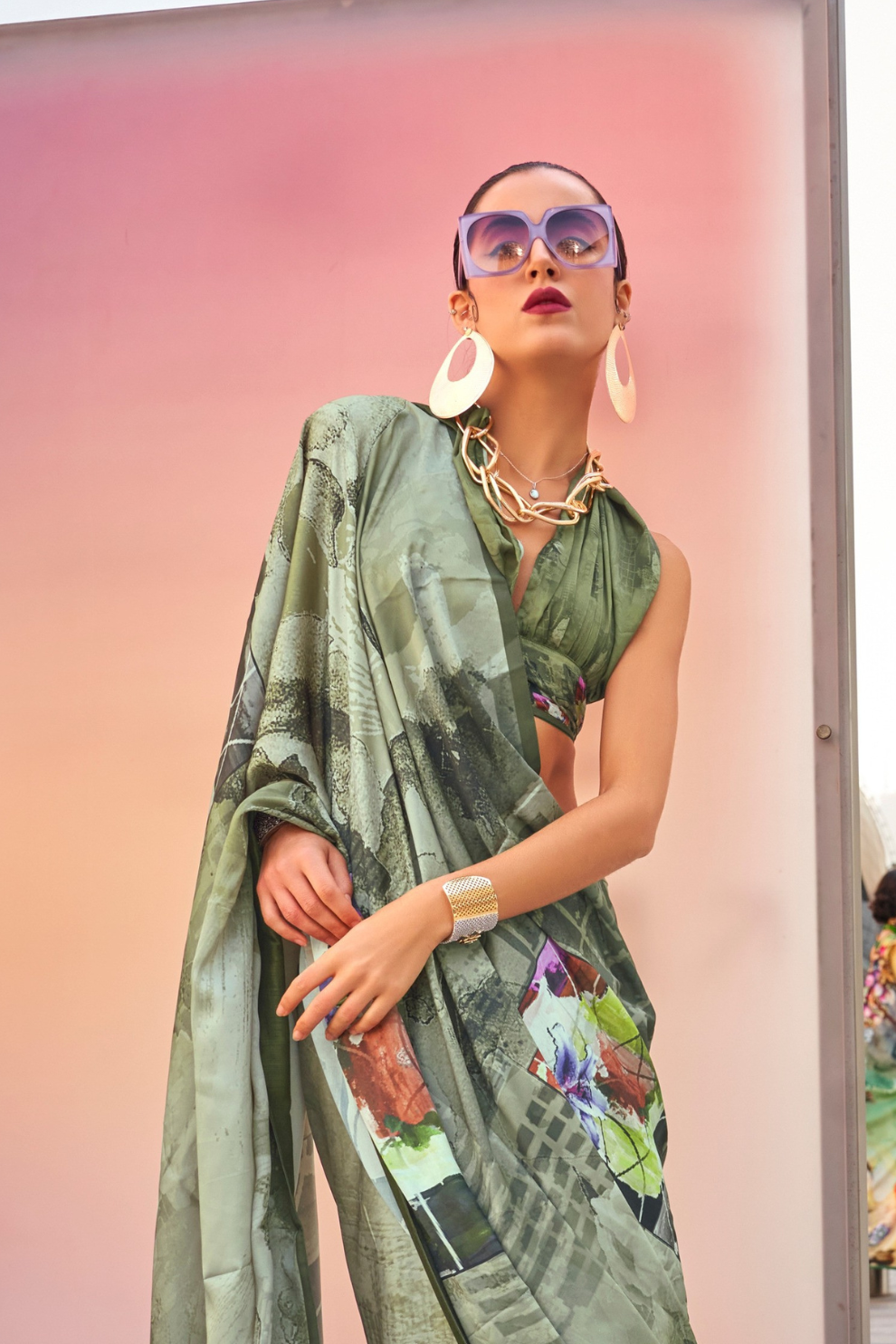 Stylish Swiss Satin Saree with Premium Digital Artwork Prints