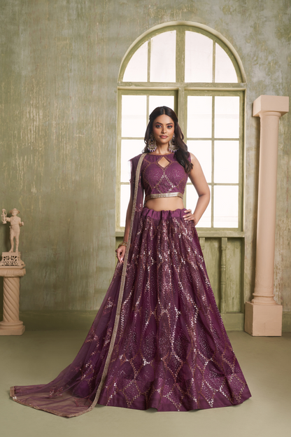 Stylish Wine Embroidered Net Lehenga Choli for Special Occasions