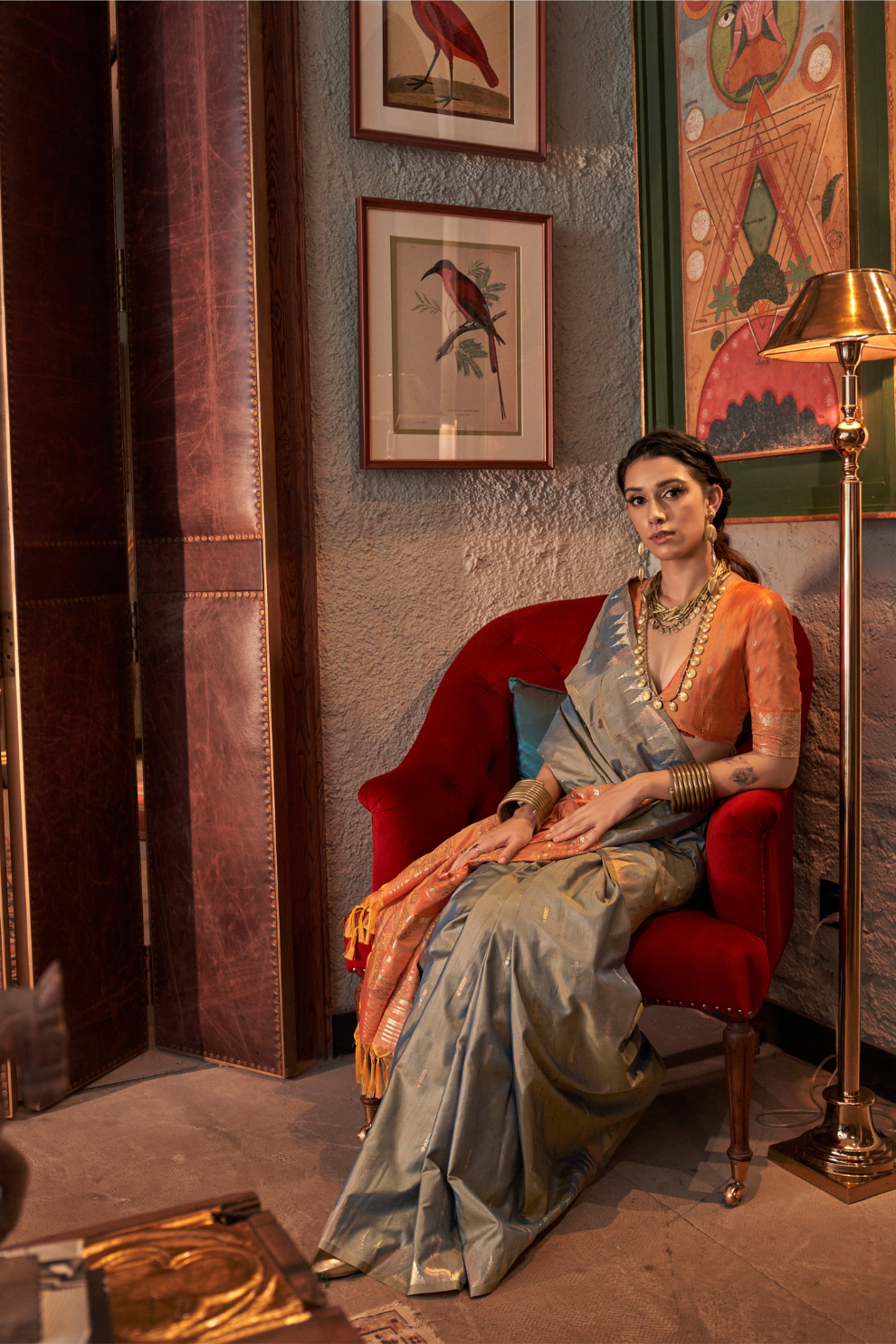 Tussar Silk Saree with Ikkat Pallu and Contrast Blouse