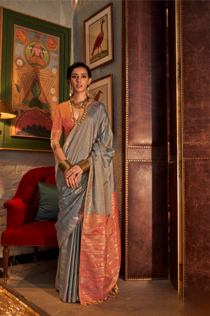 Tussar Silk Saree with Ikkat Pallu and Contrast Blouse