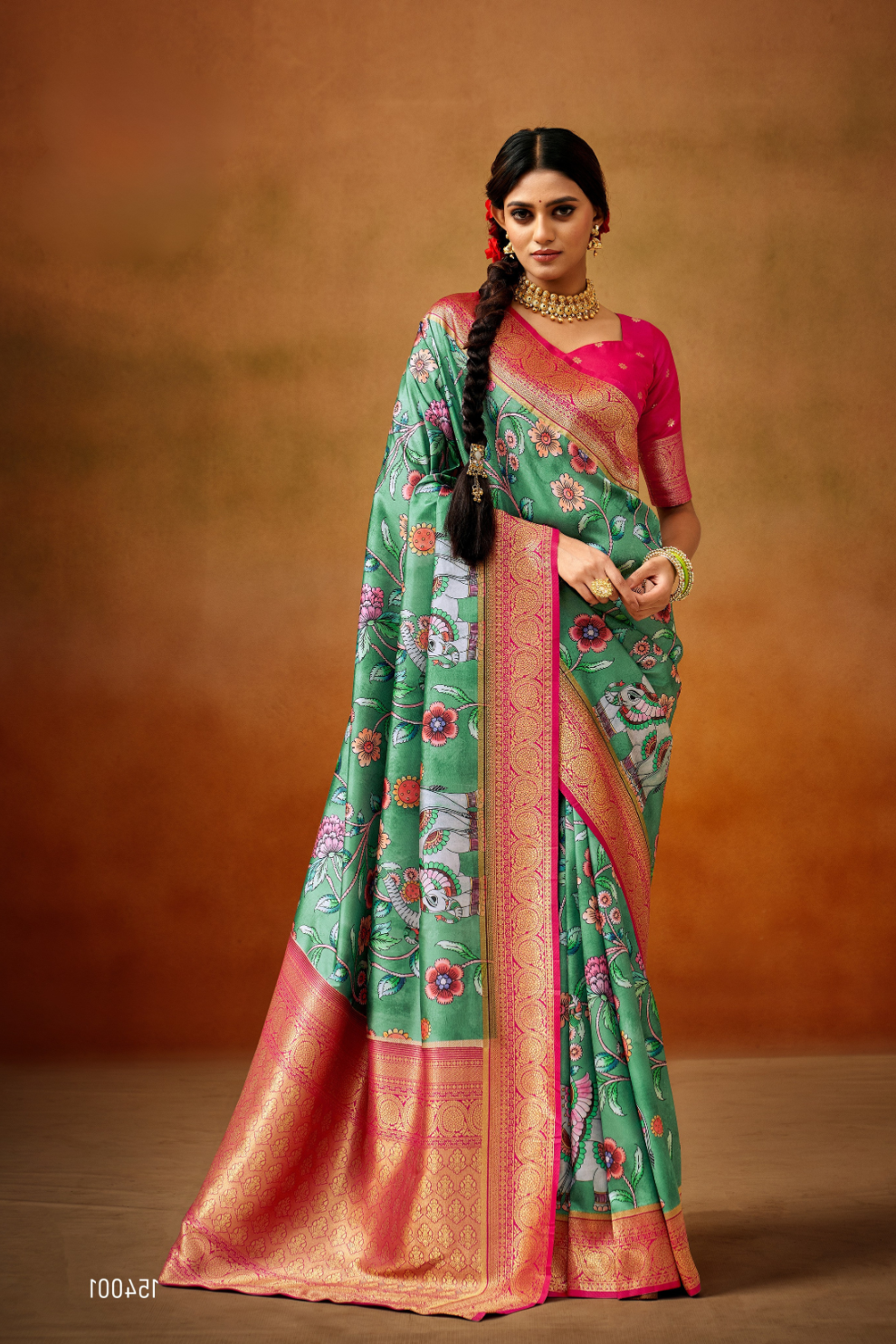 Tusser Silk Saree with Kalamkari Print & Banarasi Zari Border