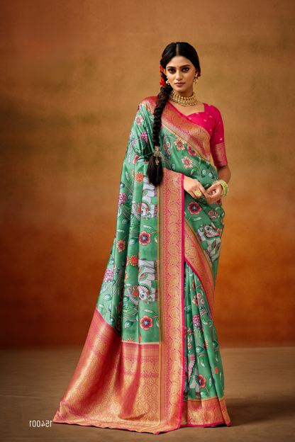 Tusser Silk Saree with Kalamkari Print & Banarasi Zari Border