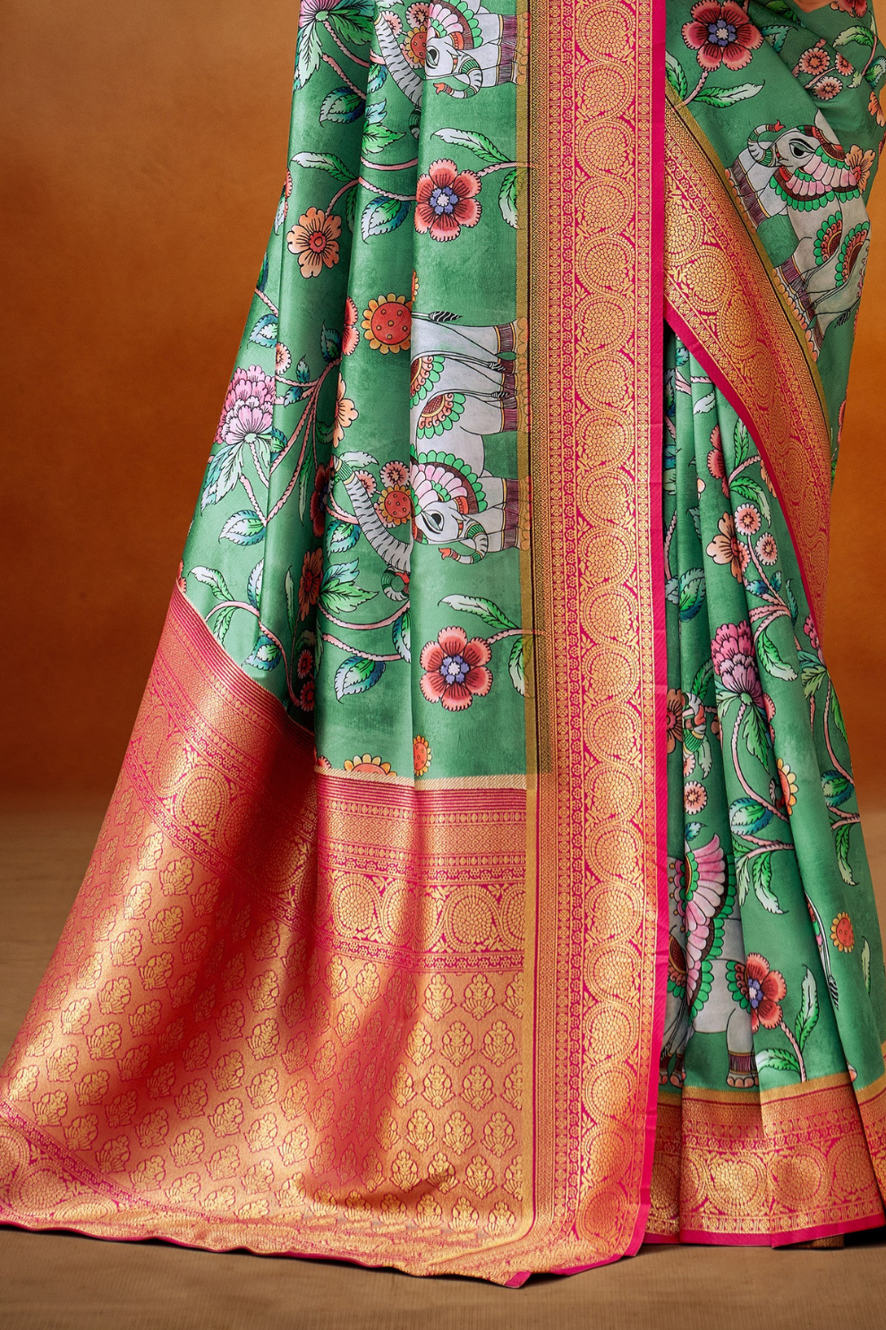 Tusser Silk Saree with Kalamkari Print & Banarasi Zari Border