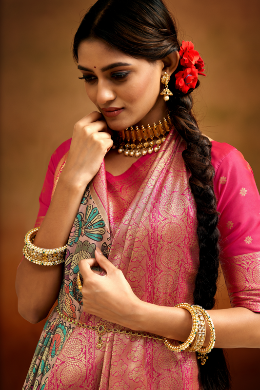 Tusser Silk Saree with Kalamkari Print & Banarasi Zari Border