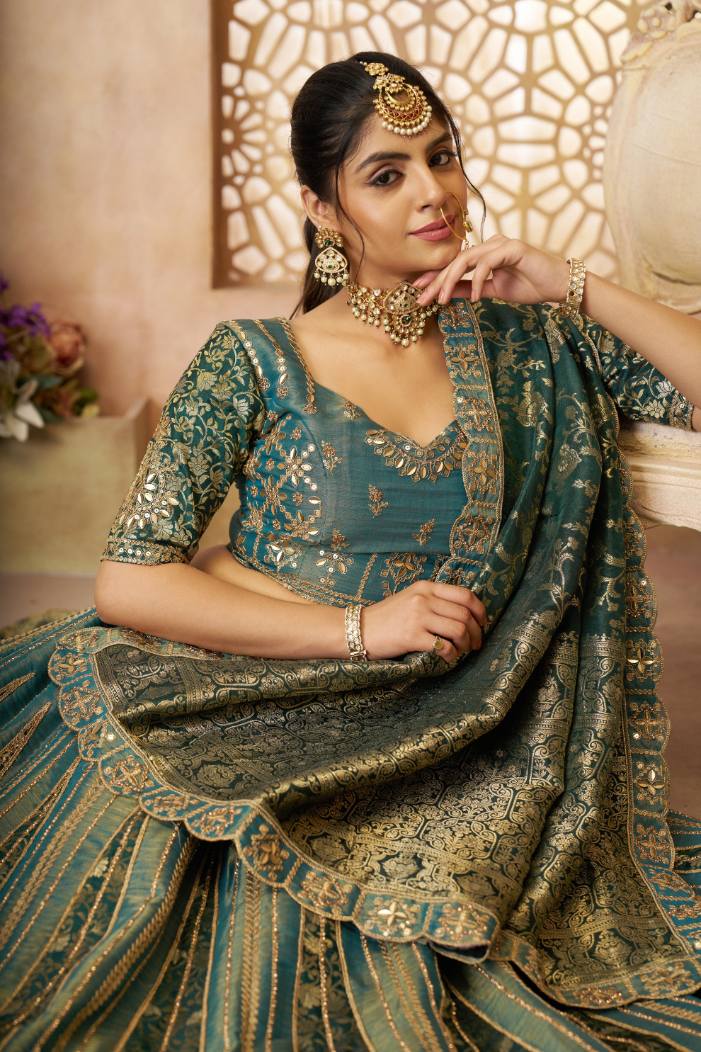 Luxurious Tissue Lehenga Adorned with Banarasi Patches and Zari Craftsmanship