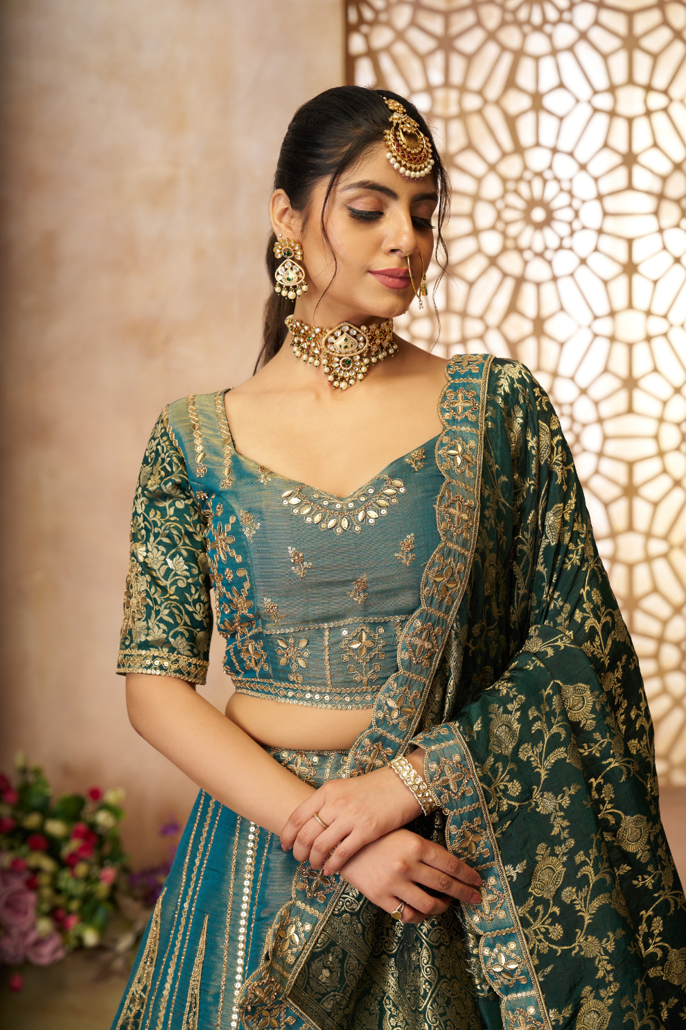 Luxurious Tissue Lehenga Adorned with Banarasi Patches and Zari Craftsmanship