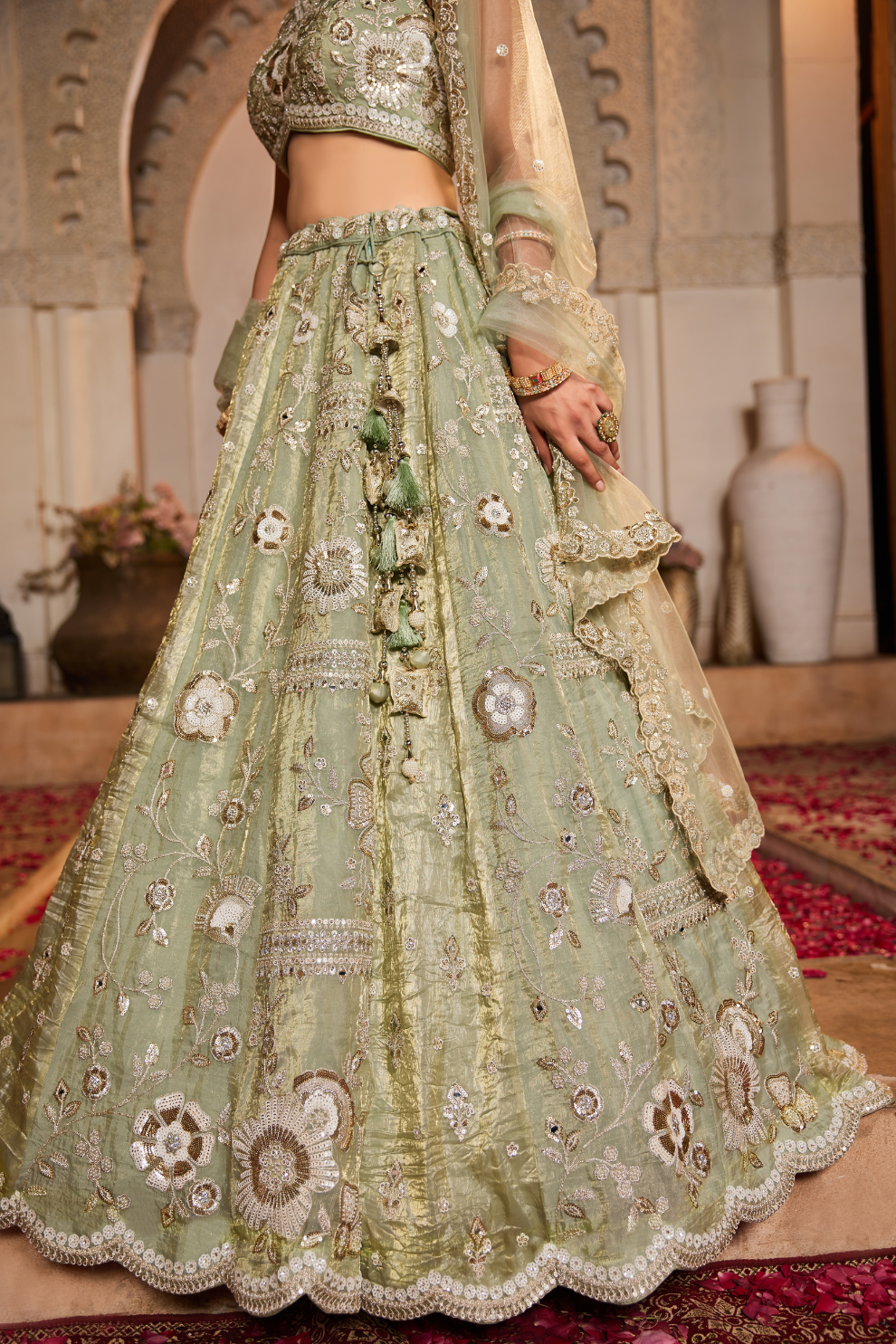 Glamorous Tissue Lehenga Choli & Dupatta with Intricate Sequins Work