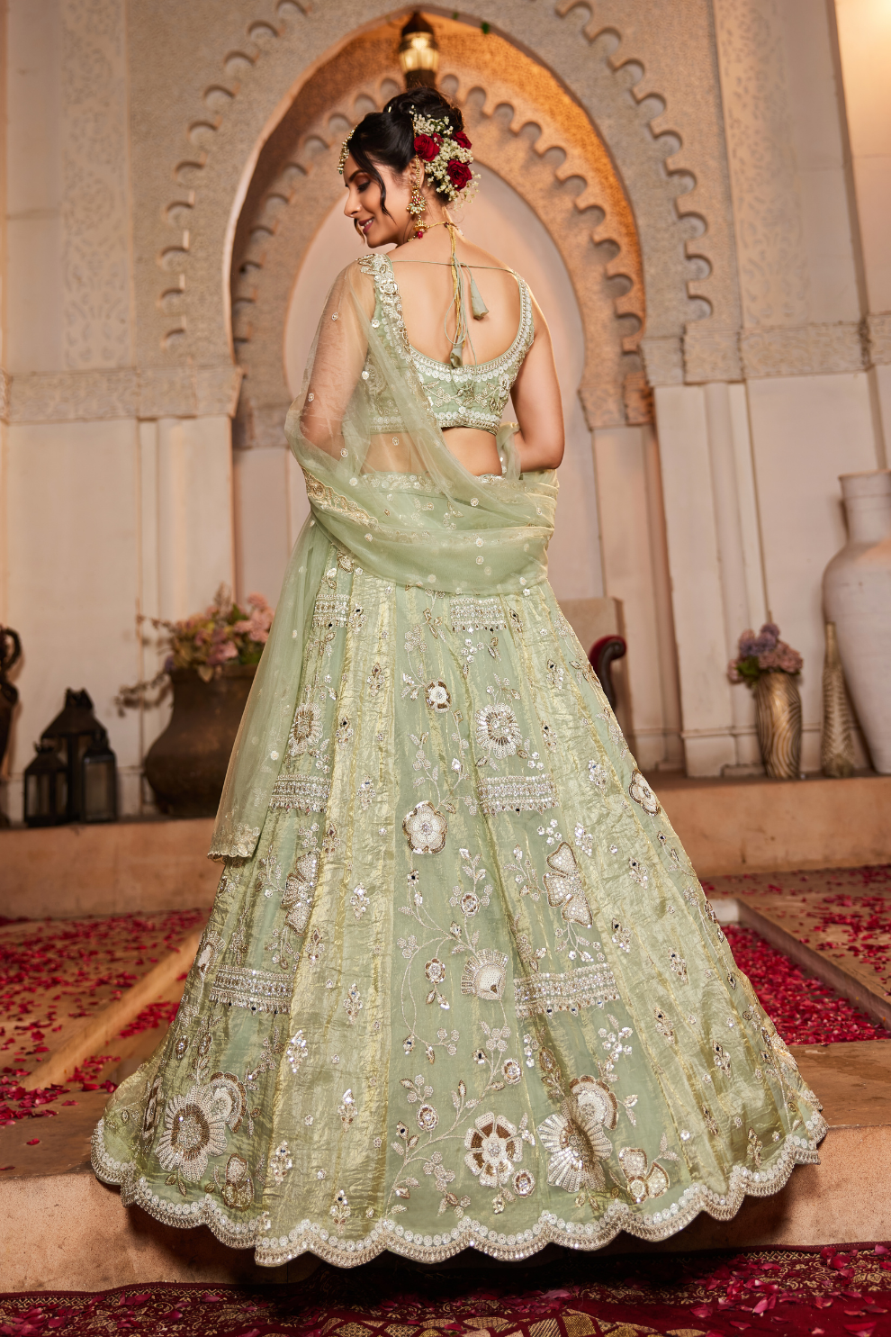 Glamorous Tissue Lehenga Choli & Dupatta with Intricate Sequins Work