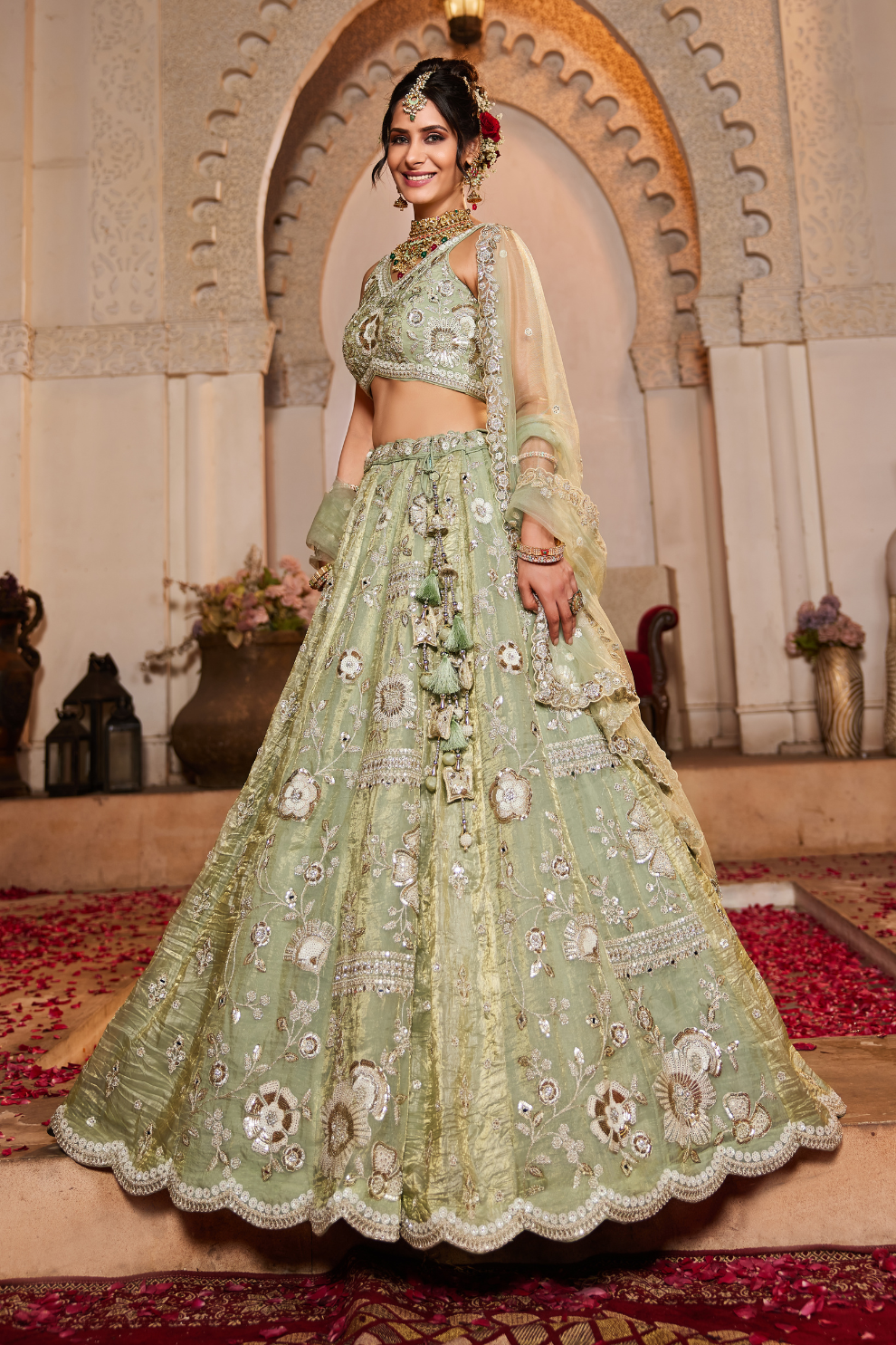 Glamorous Tissue Lehenga Choli & Dupatta with Intricate Sequins Work