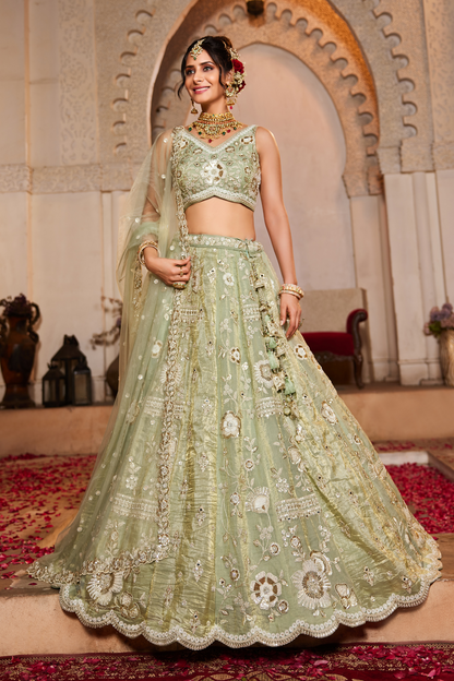 Glamorous Tissue Lehenga Choli & Dupatta with Intricate Sequins Work