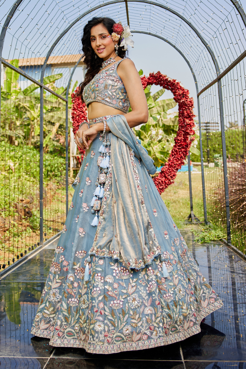 Tissue Fabric Bridal Lehenga with Elegant Embroidery