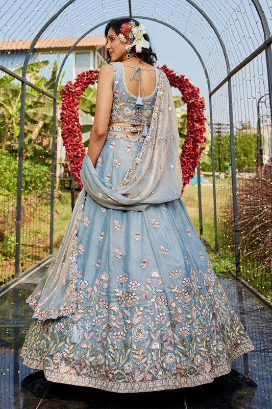 Tissue Fabric Bridal Lehenga with Elegant Embroidery