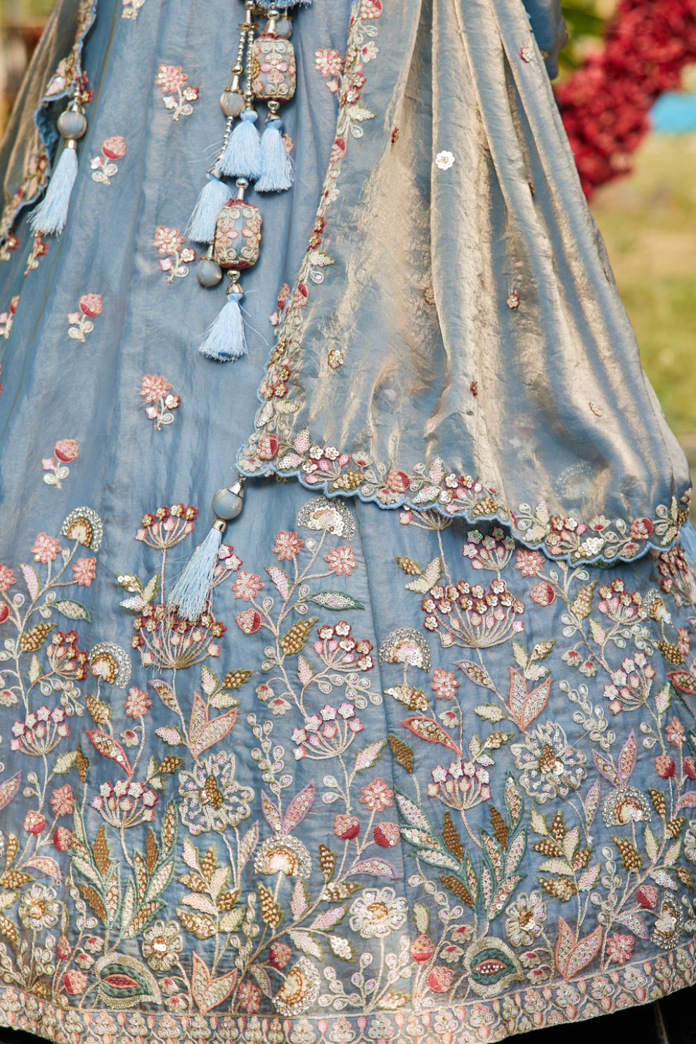 Tissue Fabric Bridal Lehenga with Elegant Embroidery