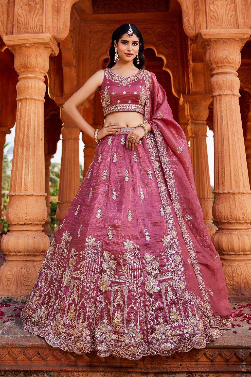 Tissue Fabric Semi-Stitched Lehenga Choli with Handwork Cutdana Embroidery and Dupatta