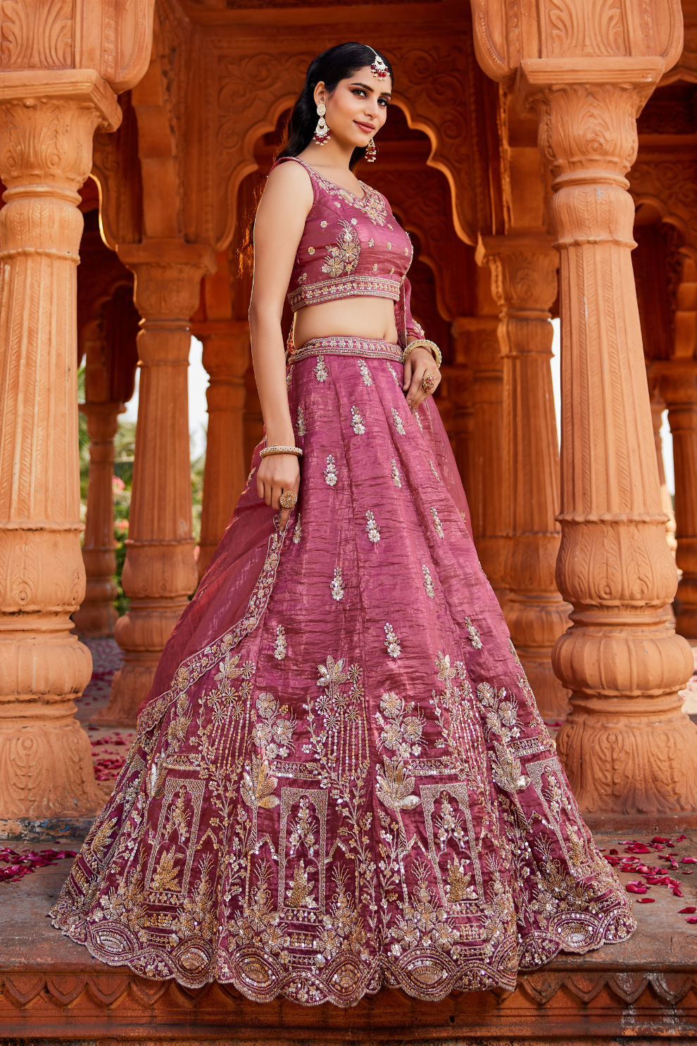 Tissue Fabric Semi-Stitched Lehenga Choli with Handwork Cutdana Embroidery and Dupatta