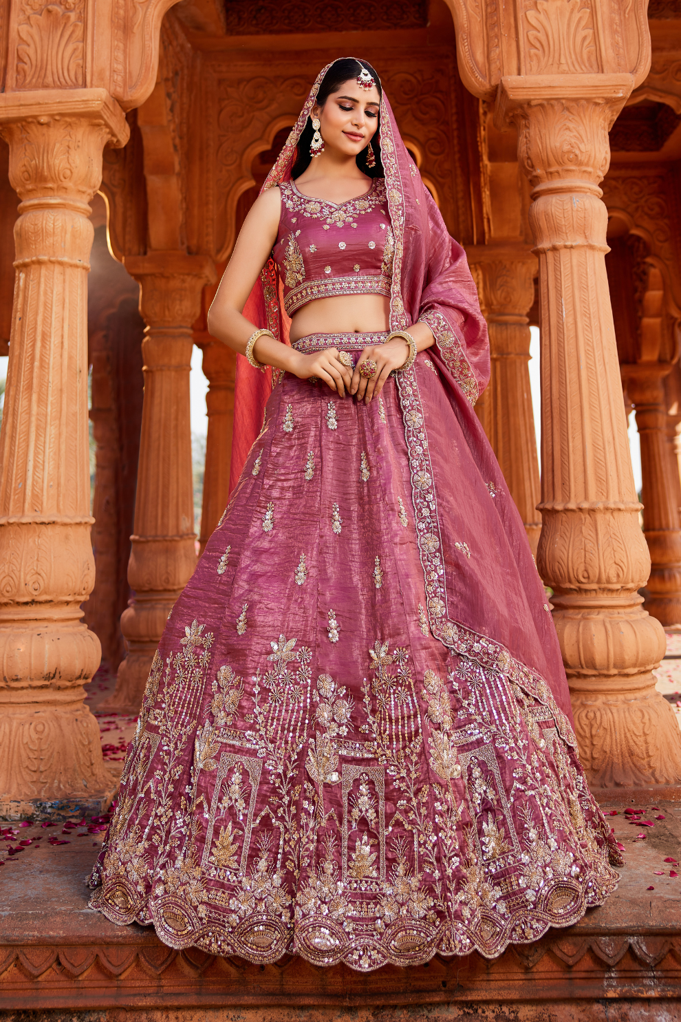 Tissue Fabric Semi-Stitched Lehenga Choli with Handwork Cutdana Embroidery and Dupatta