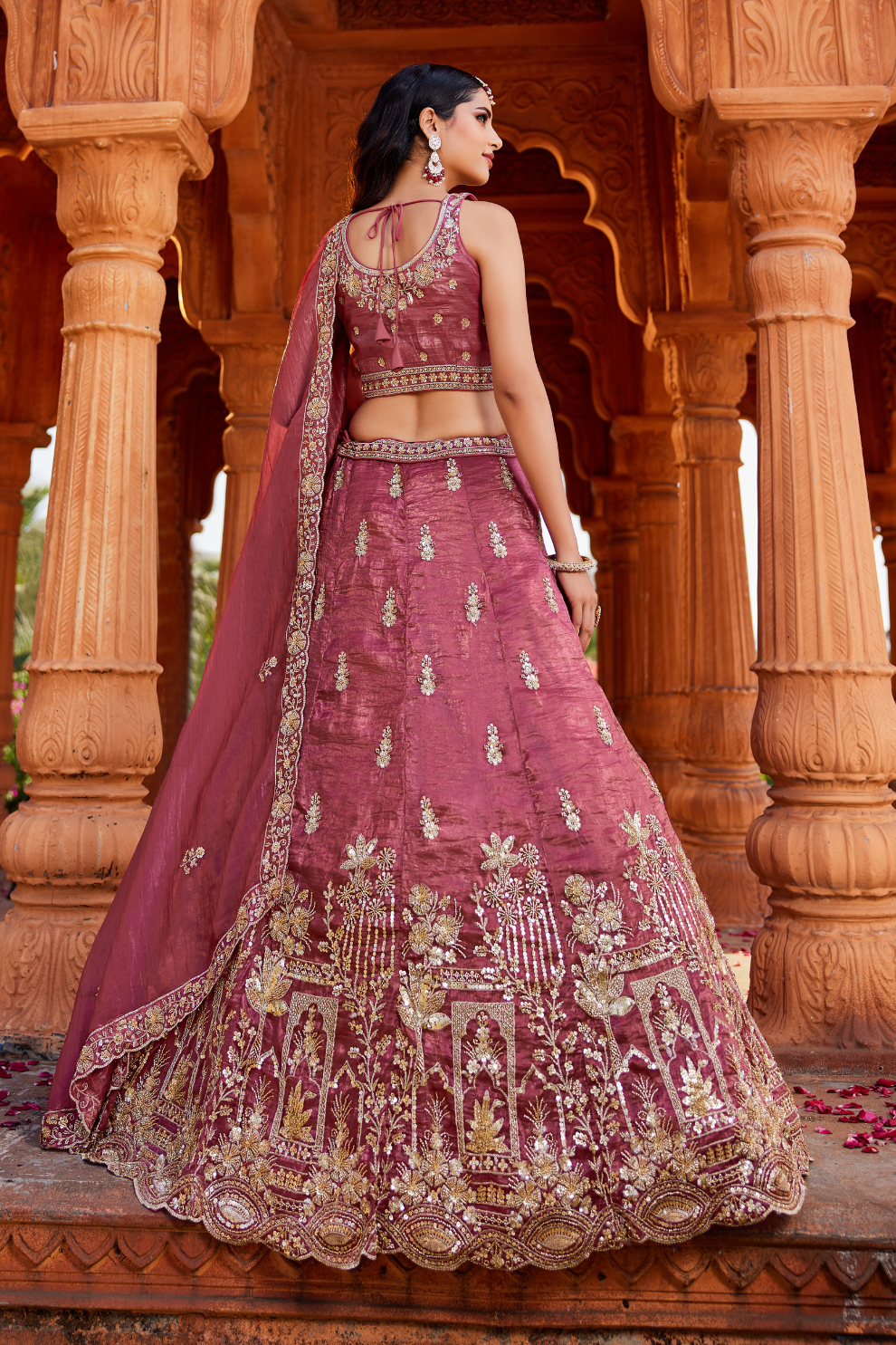 Tissue Fabric Semi-Stitched Lehenga Choli with Handwork Cutdana Embroidery and Dupatta
