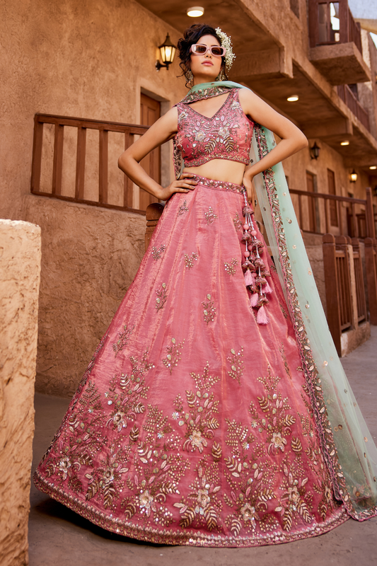 Elegant Tissue Sequin Embroidered Semi-Stitched Lehenga Choli with Dupatta