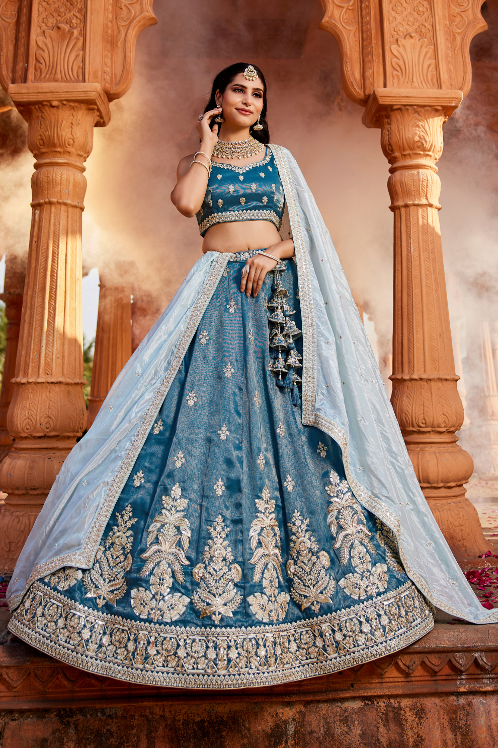 Designer Tissue Lehenga Choli with Sequin Embroidery and Coordinated Dupatta
