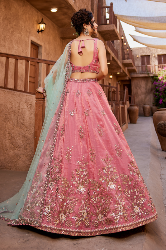 Elegant Tissue Sequin Embroidered Semi-Stitched Lehenga Choli with Dupatta
