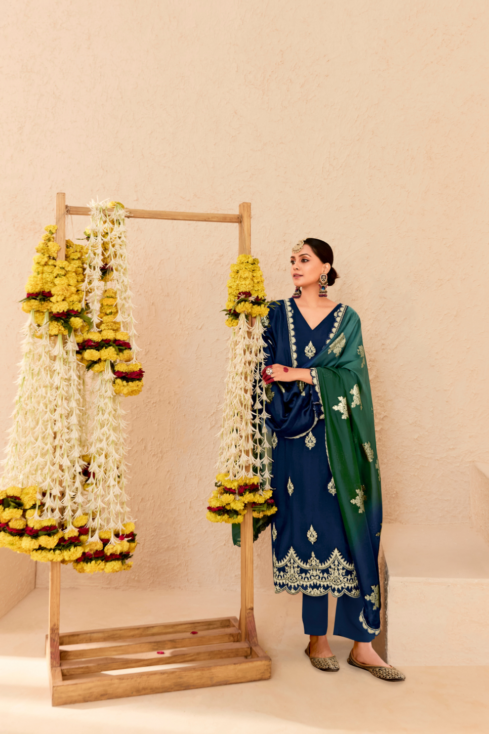 Graceful Navy Blue Bamber Silk Salwar Suit with Pearl Embroidery