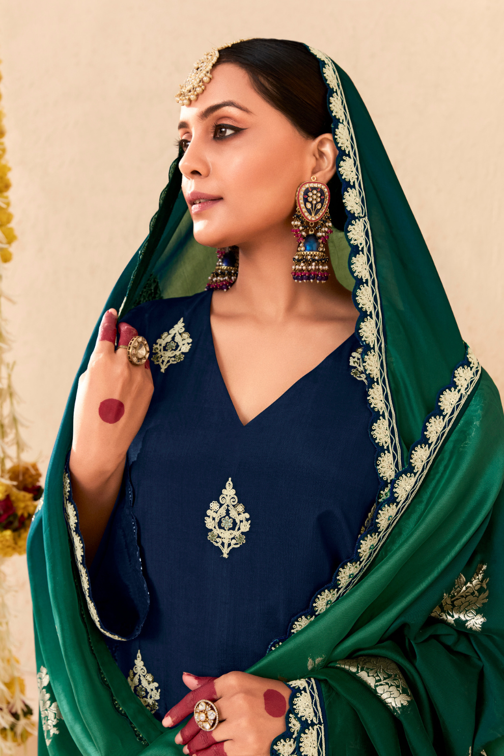Graceful Navy Blue Bamber Silk Salwar Suit with Pearl Embroidery