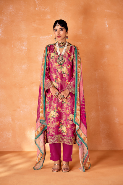 Pure Kanjivaram Salwar Suit with Digital Embroidered Borders