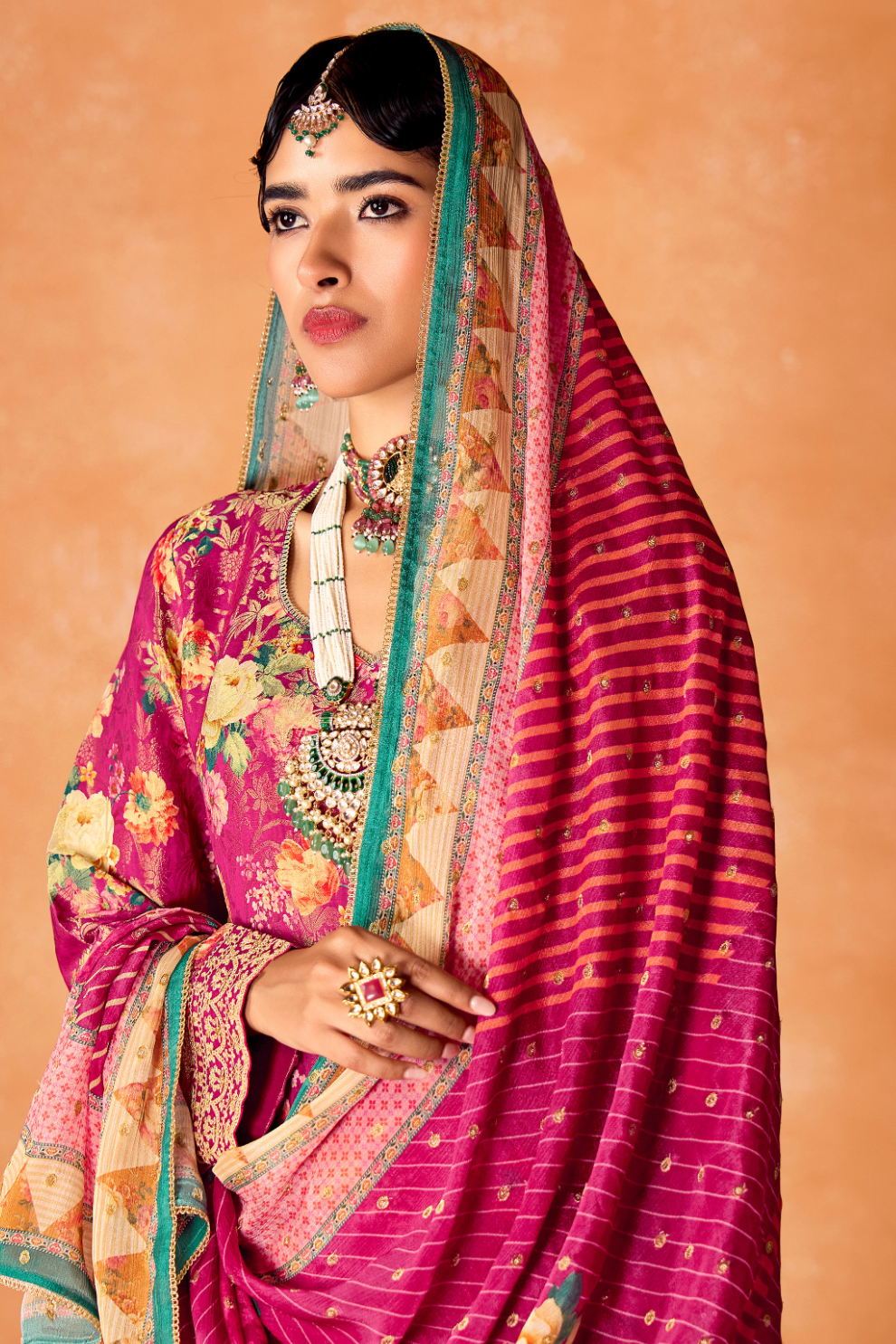 Pure Kanjivaram Salwar Suit with Digital Embroidered Borders