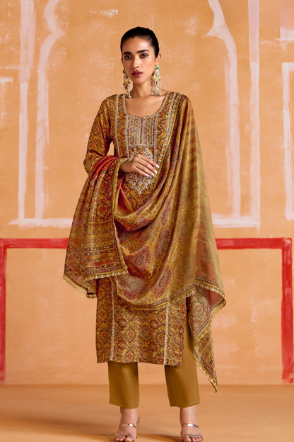 Pure Muslin Straight Salwar Suit with Ceremonial Pitta Embroidery