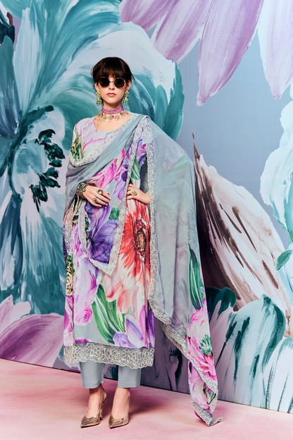 Pure Muslin Embroidered Salwar Suit with Pearl Cutwork Finish