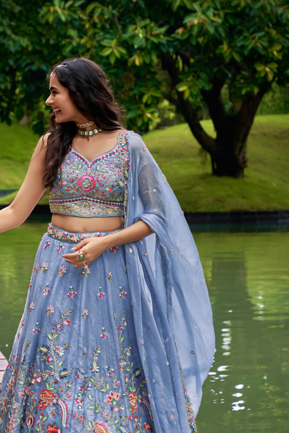 Organza Fabric Sequins & Mirror Work Lehenga Choli Dupatta